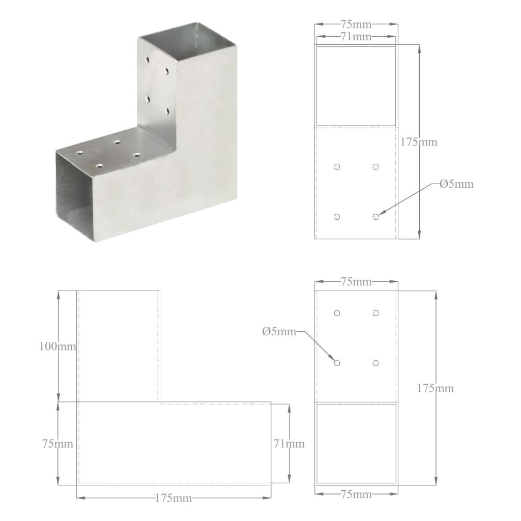 Tolppaliitin L-Muoto Galvanoitu Metalli 71X71 Mm