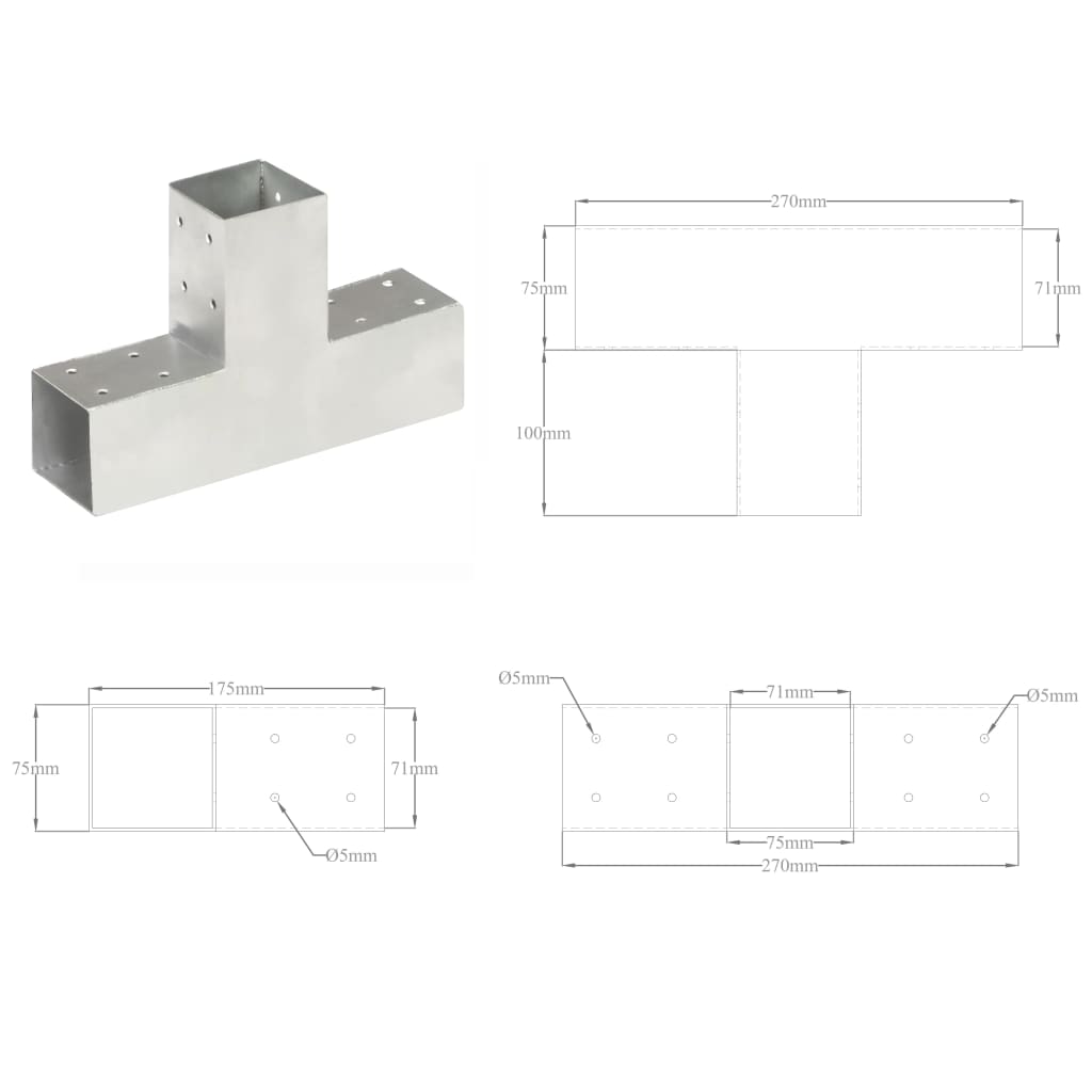 Tolppaliitin T-Muoto Galvanoitu Metalli 71X71 Mm