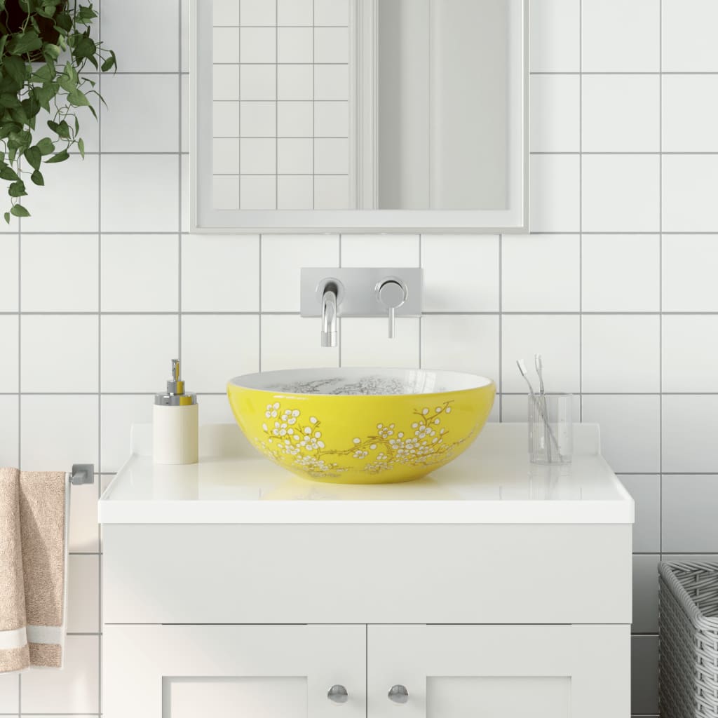 Pesuallas Työtasolle Keltavalkoinen Pyöreä Φ41X14 Cm Keraaminen