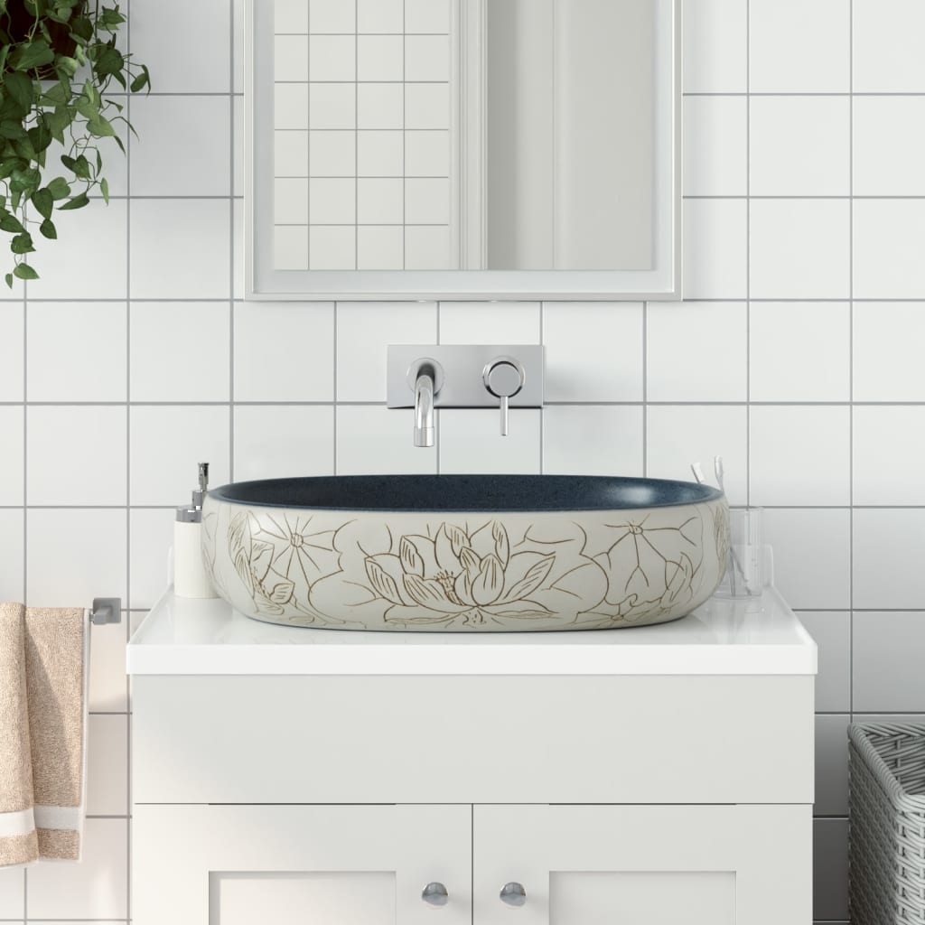Pesuallas Työtasolle Hiekka/Sin. Ovaali 59X40X14 Cm Keraaminen