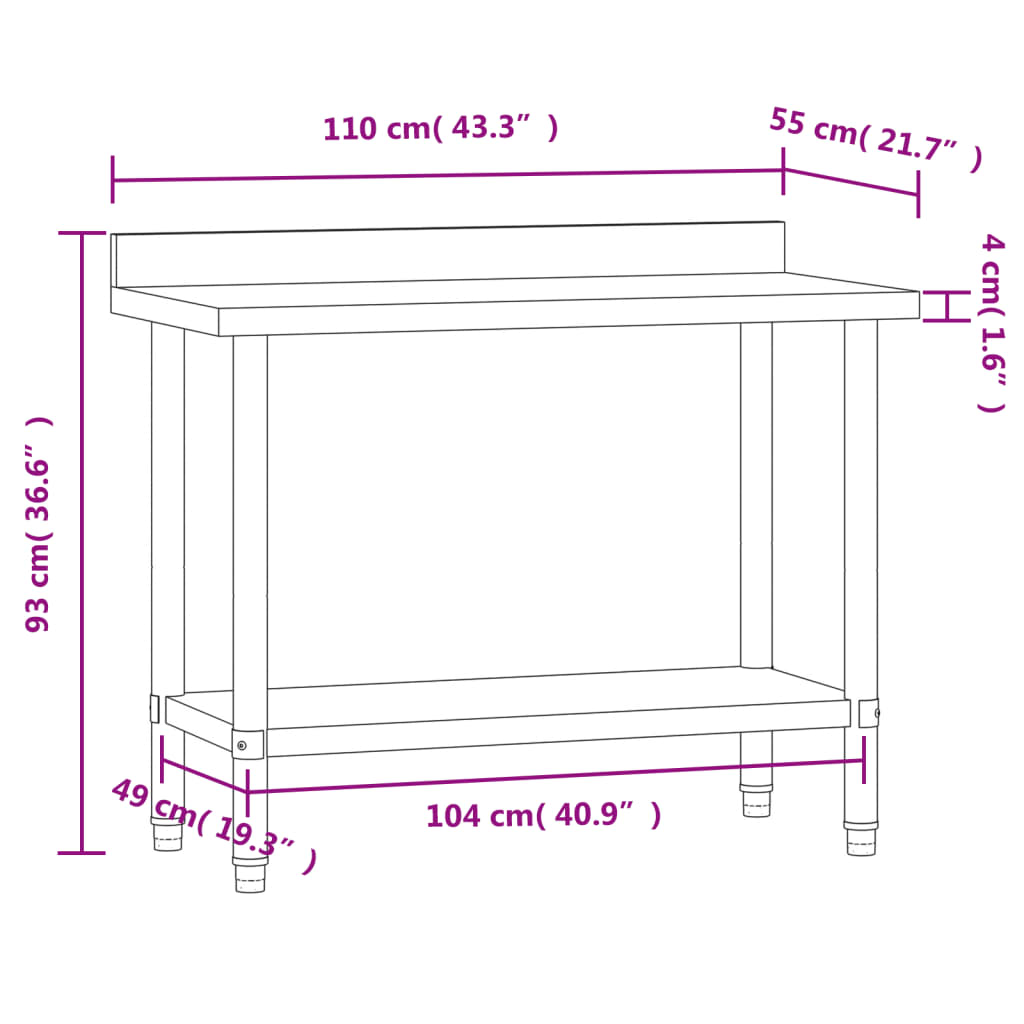 Keittiön Työpöytä Roiskesuojalla 110X55X93 Cm Ruostumaton Teräs