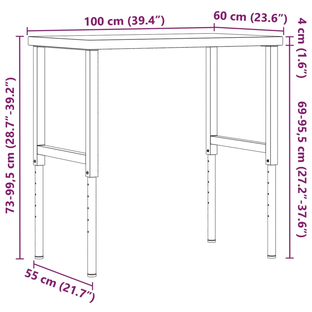 Työpenkki 100X60X(73-99,5) Cm Täysi Pyökki Suorakaide