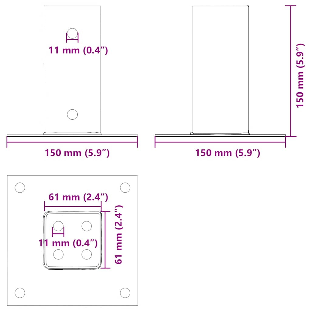 Pylväiden Jalustat Neliö 4 Kpl Hopea 61X61 Mm Galvanoitu Teräs