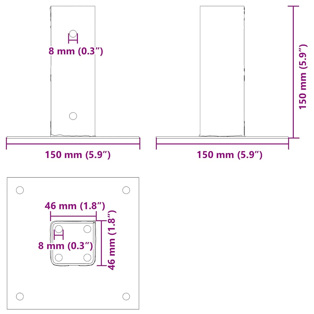 Pylväiden Pohjat Neliö 4 Kpl 46X46 Mm Jauhemaalattu Teräs