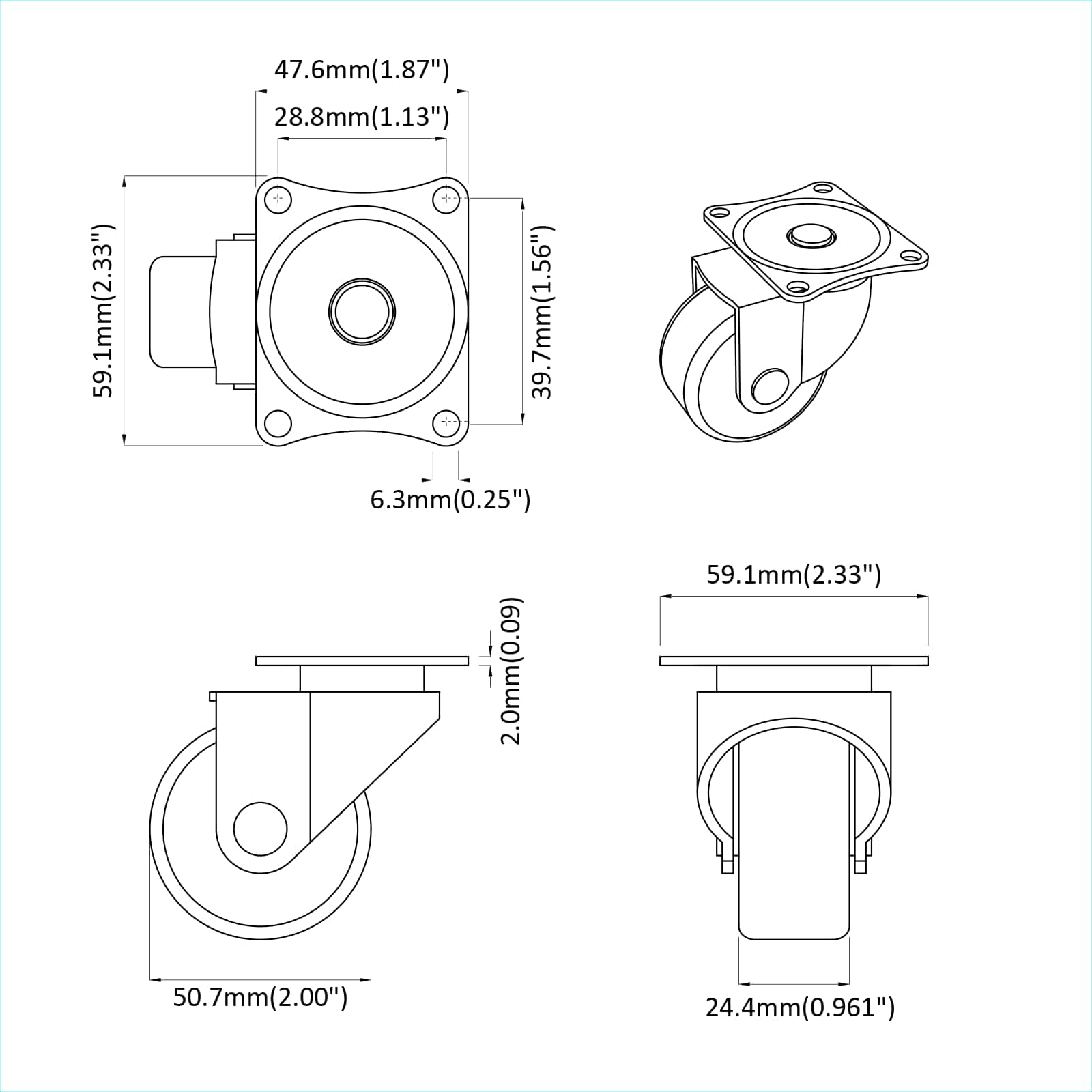 Kääntöpyörä 12 Pcs Hopea 60 X 60 X 50 Mm Rautaa Ja Nailonia