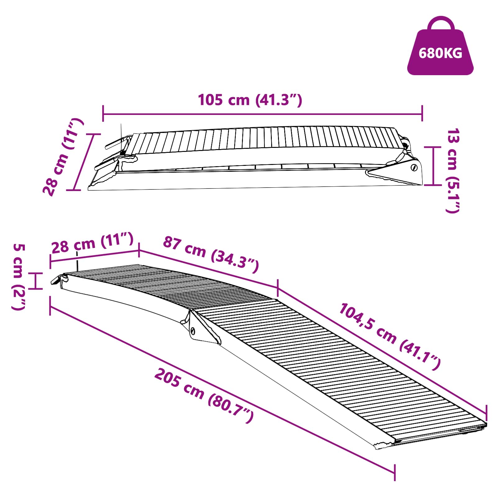 Moottoripyöräramppi 680 Kg 2 Pcs Hopea 205 X 28 X 5 Cm Alumiini