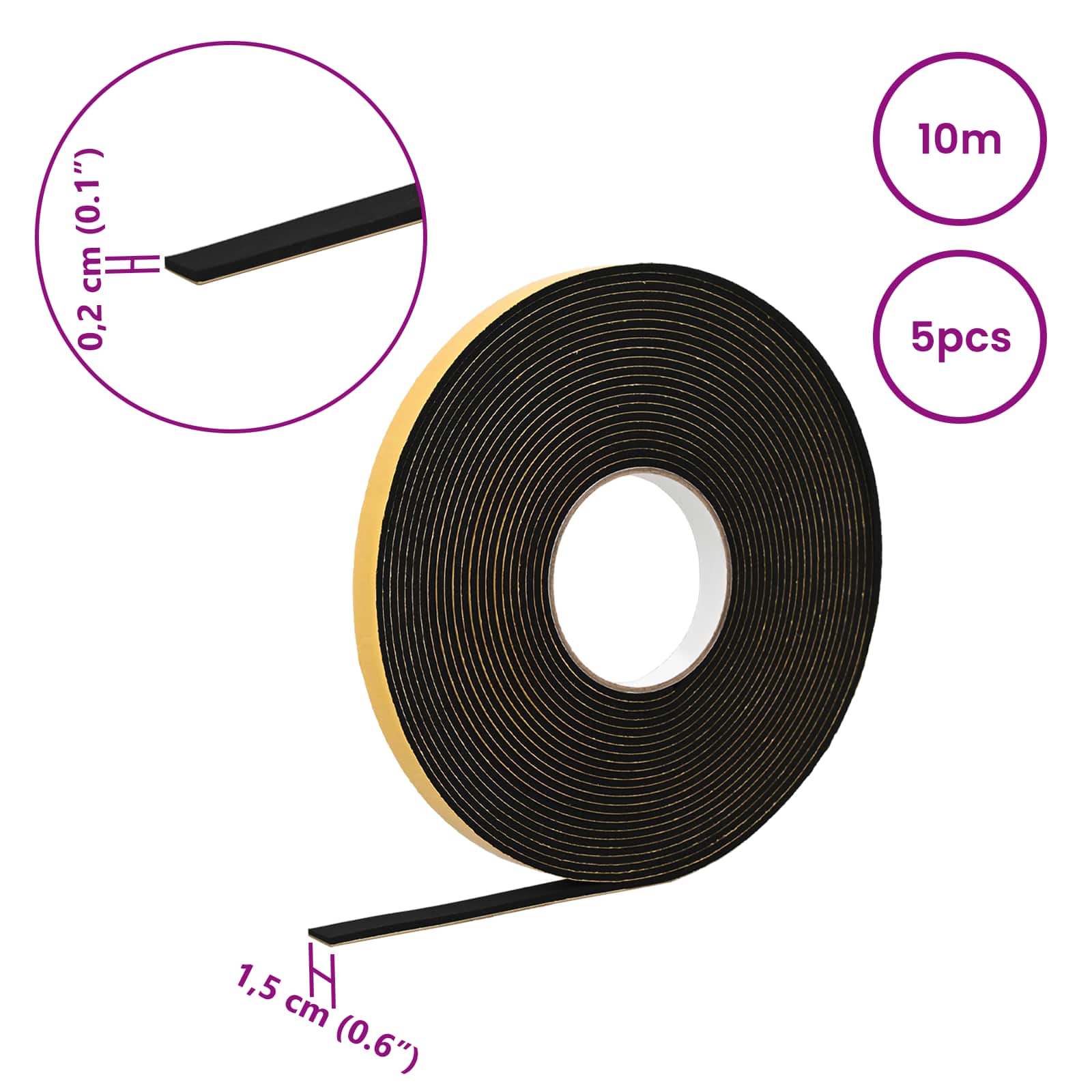 Itsekiinnittyvä Vaahtoteippi 5 Pcs Musta 15Mm X 10M Cr-Vahto