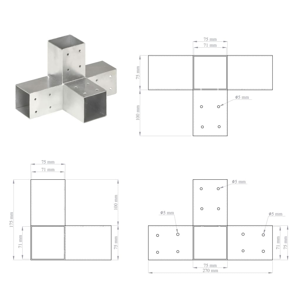Tolppaliitin X-Muoto Galvanoitu Metalli 71X71 Mm