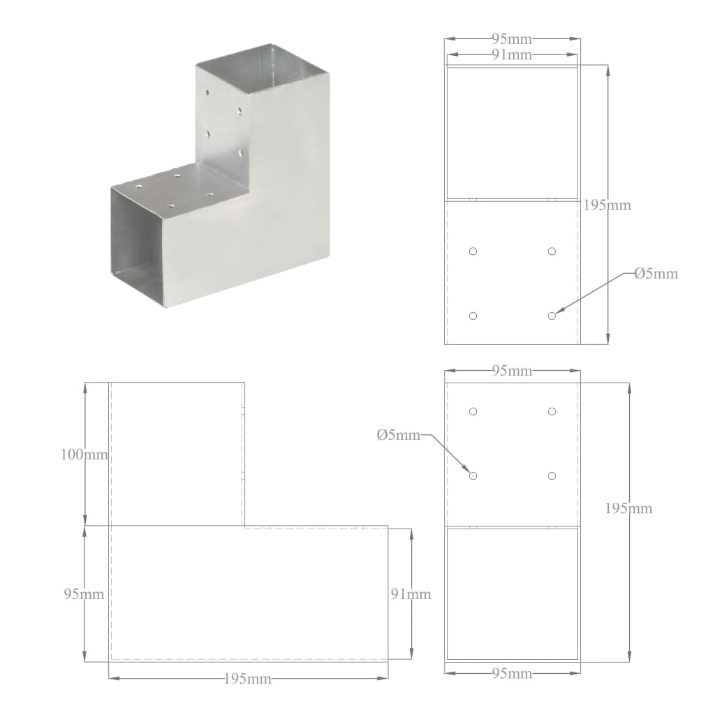 Tolppaliitin L-Muoto Galvanoitu Metalli 91X91 Mm