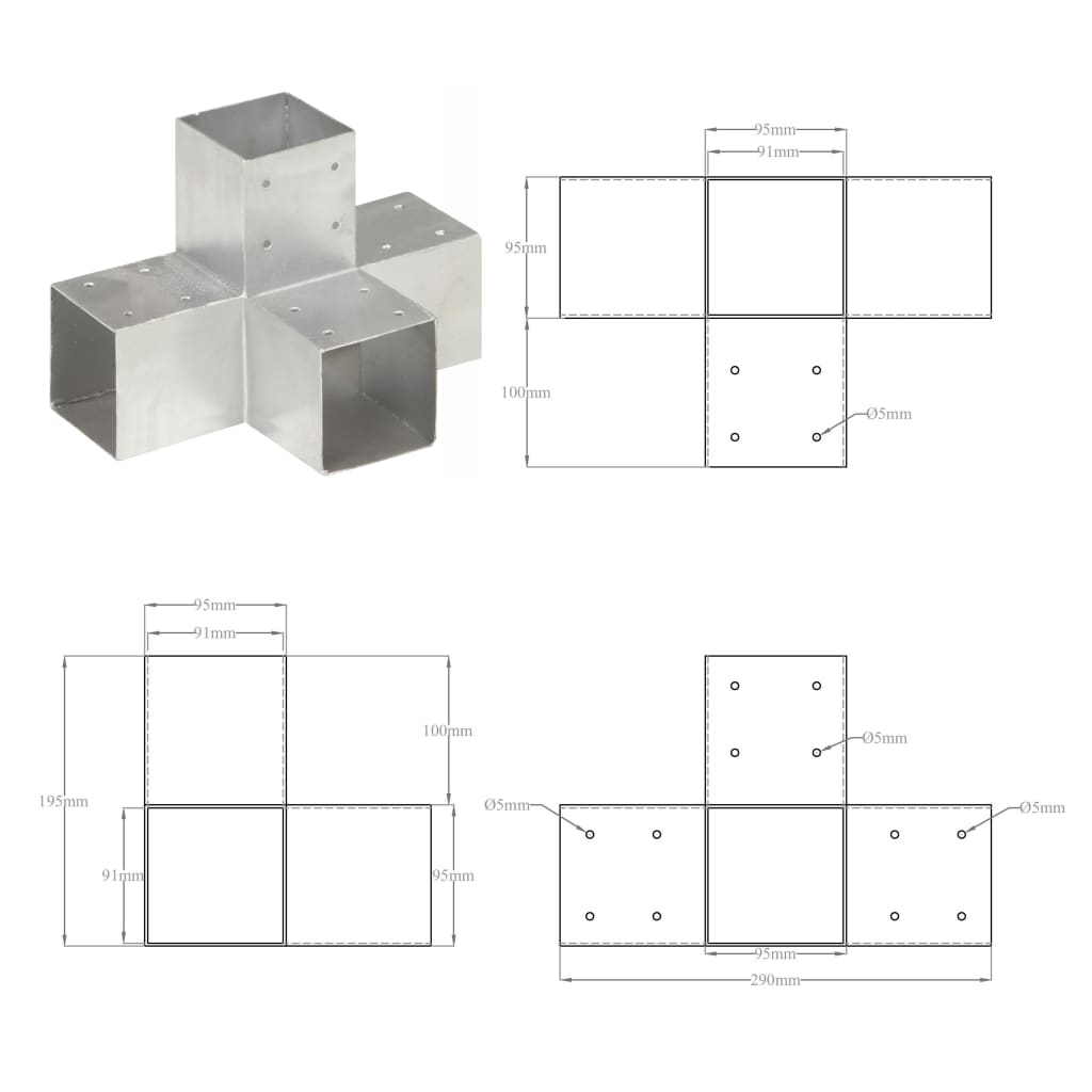 Tolppaliittimet 4 Kpl X-Muoto Galvanoitu Metalli 91X91 Mm