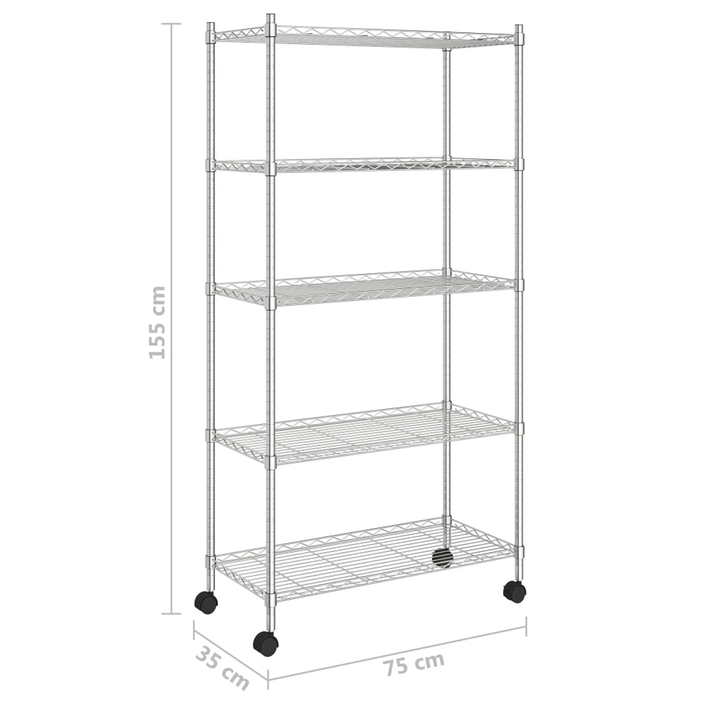 5-Kerroksinen Varastohylly Pyörillä 75X35X155 Cm Kromi 250 Kg