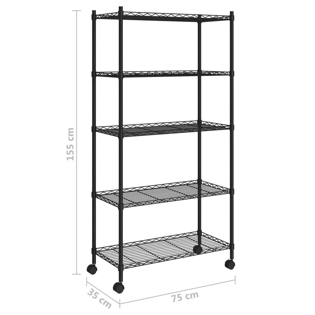 5-Kerroksinen Varastohylly Pyörillä 75X35X155 Cm Musta 250 Kg
