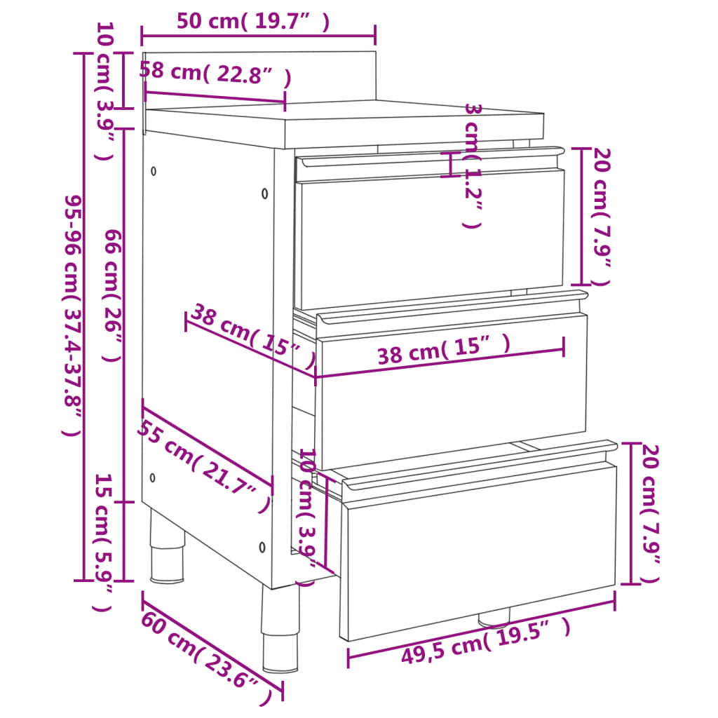 Keittiön Kaapit, 3 Laatikkoa, 2 Kpl, 50X60X96 Cm
