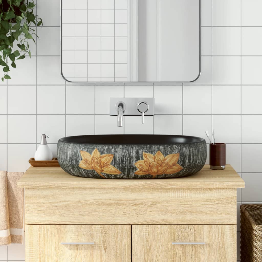 Pesuallas Työtasolle Harmaa Musta Ovaali 59X40X14 Cm Keraaminen