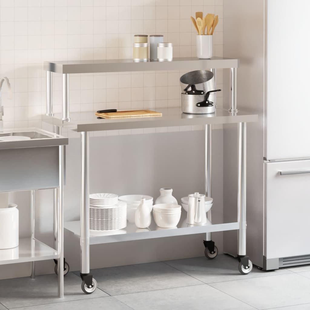 Keittiön Työpöytä Ylähyllyllä 110X55X120 Cm Ruostumaton Teräs