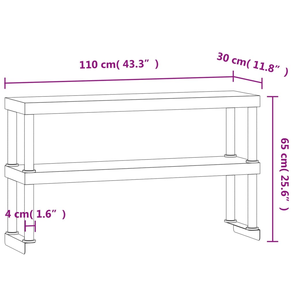 Keittiön Työtason Hylly 2 Tasoa 110X30X65 Cm Ruostumaton Teräs