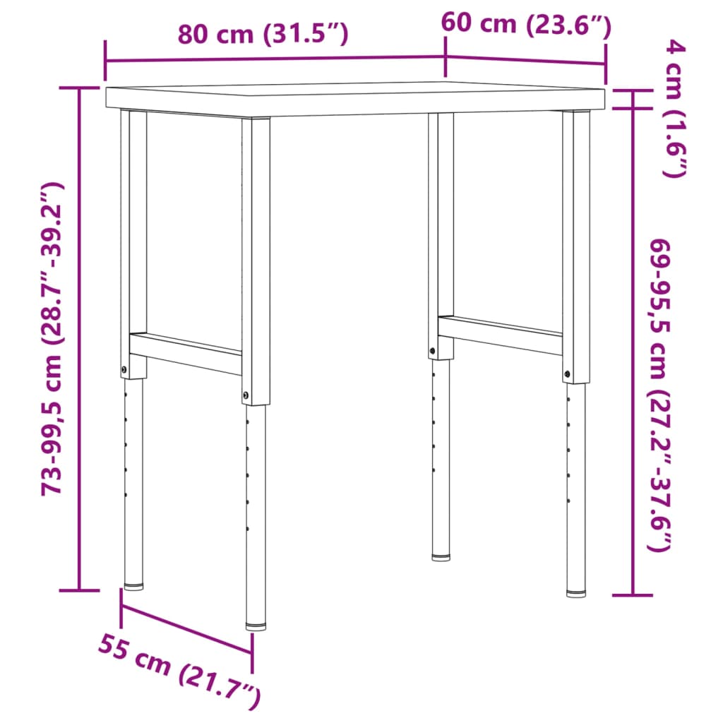Työpenkki 80X60X(73-99,5) Cm Täysi Akasiapuu Suorakaide