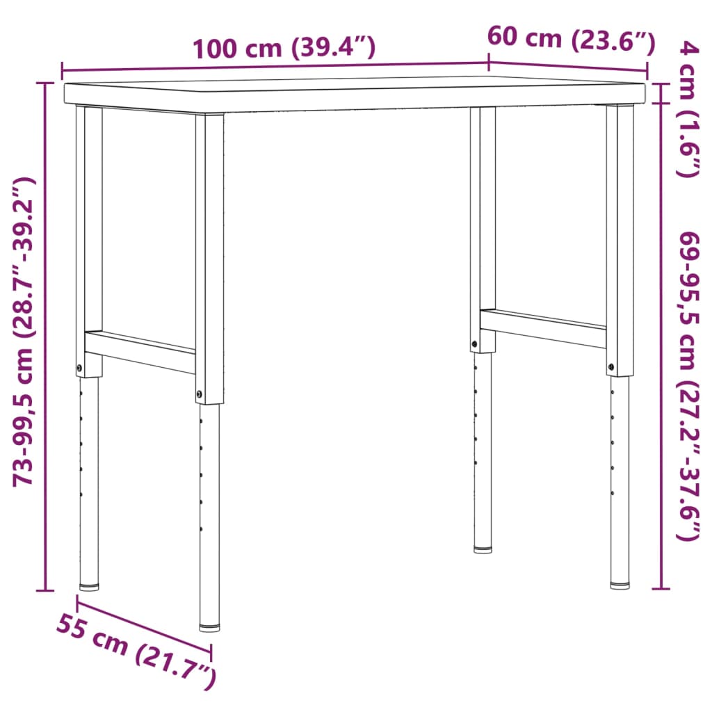 Työpenkki 100X60X(73-99,5) Cm Täysi Tammi Suorakaide