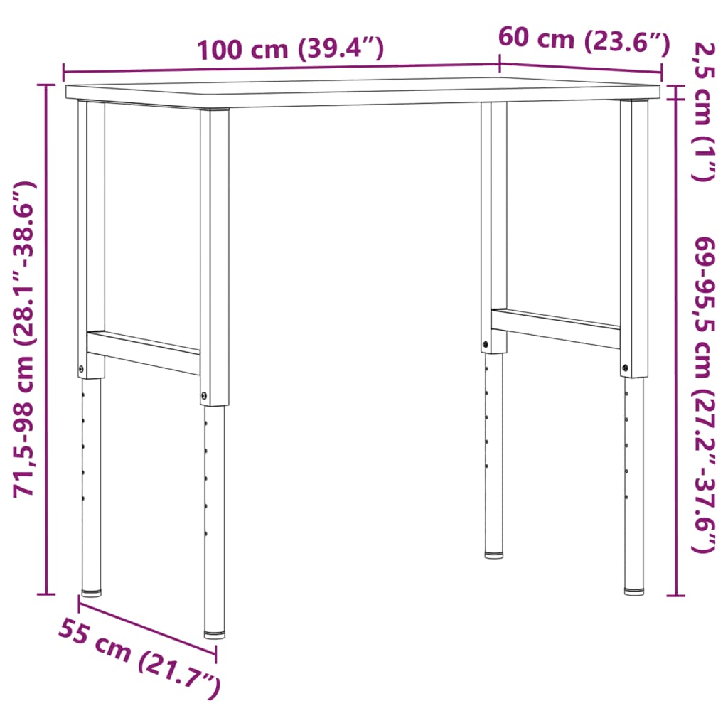 Työpenkki 100X60X(71,5-98) Cm Täysi Pyökki Suorakaide