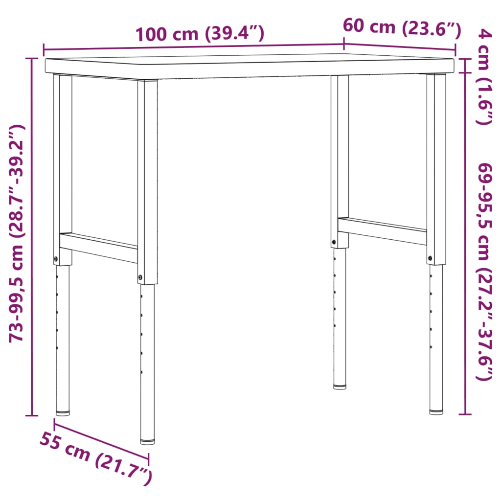 Työpenkki 100X60X(73-99,5) Cm Täysi Pyökki Suorakaide