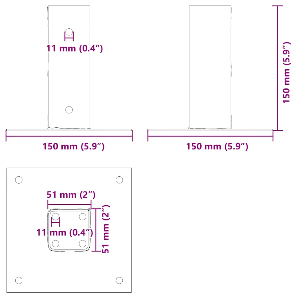 Pylväiden Pohjat Neliö 4 Kpl 51X51 Mm Jauhemaalattu Teräs