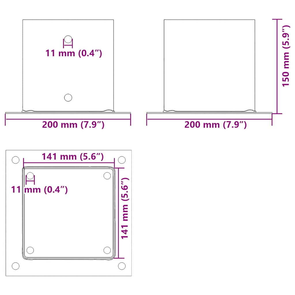 Pylväiden Pohjat Neliö 4 Kpl 141X141 Mm Jauhemaalattu Teräs