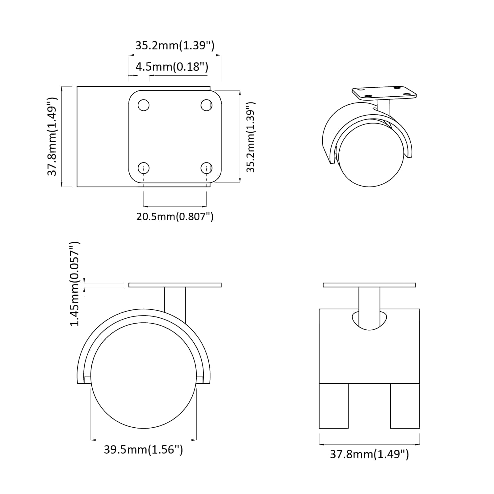 Kääntöpyörä 2 Pcs Musta 39,5 X 39,5 X 37,8 Mm Rauta Ja Pp