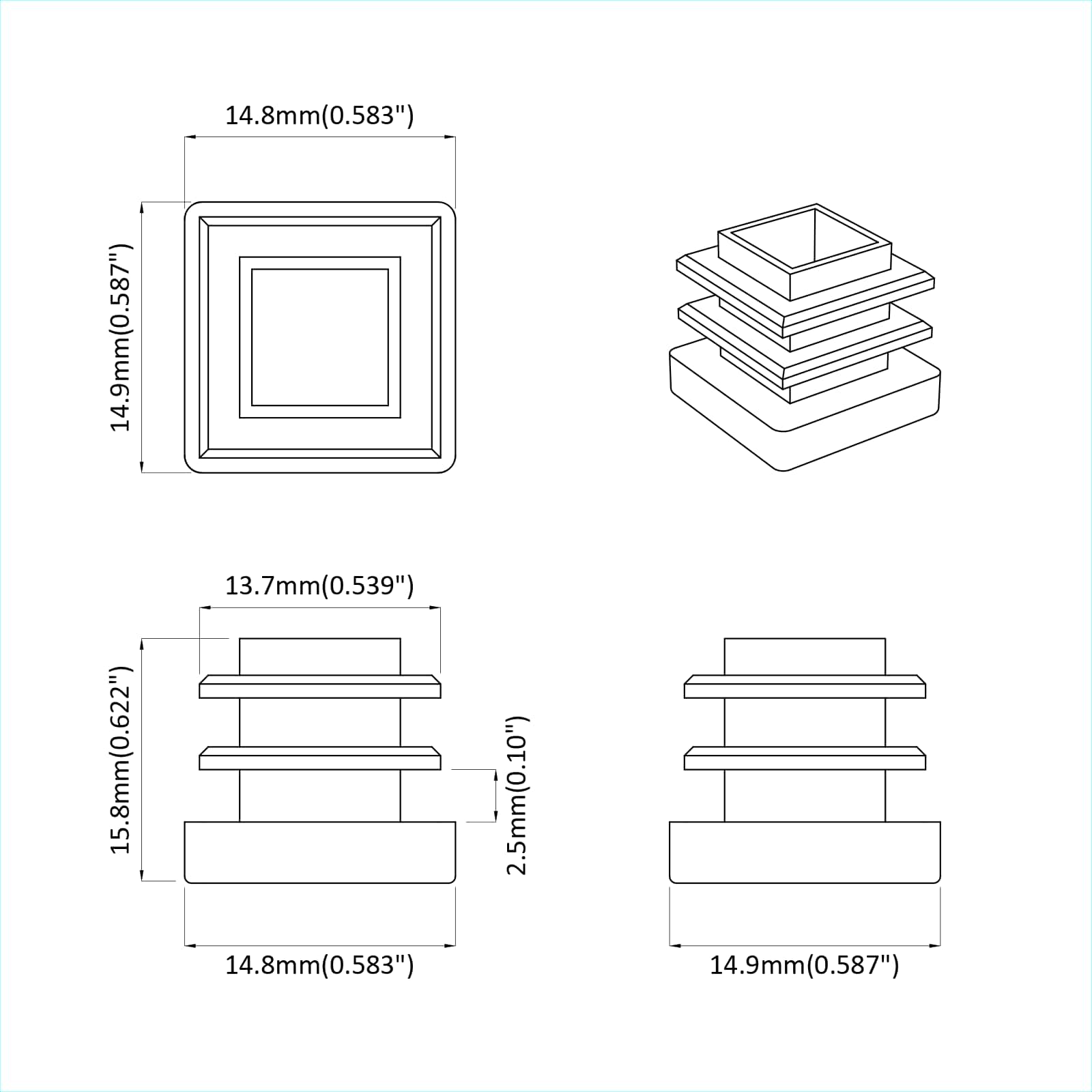 Päätykorkit 12 Pcs Musta 15 X 15 X 15 Mm Pp