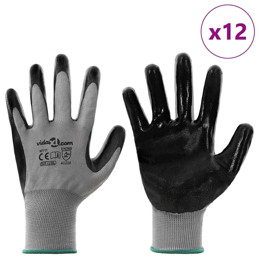 Työhanskat 12 Pcs Harmaa Ja Musta 11 / Xxl Polyesteri