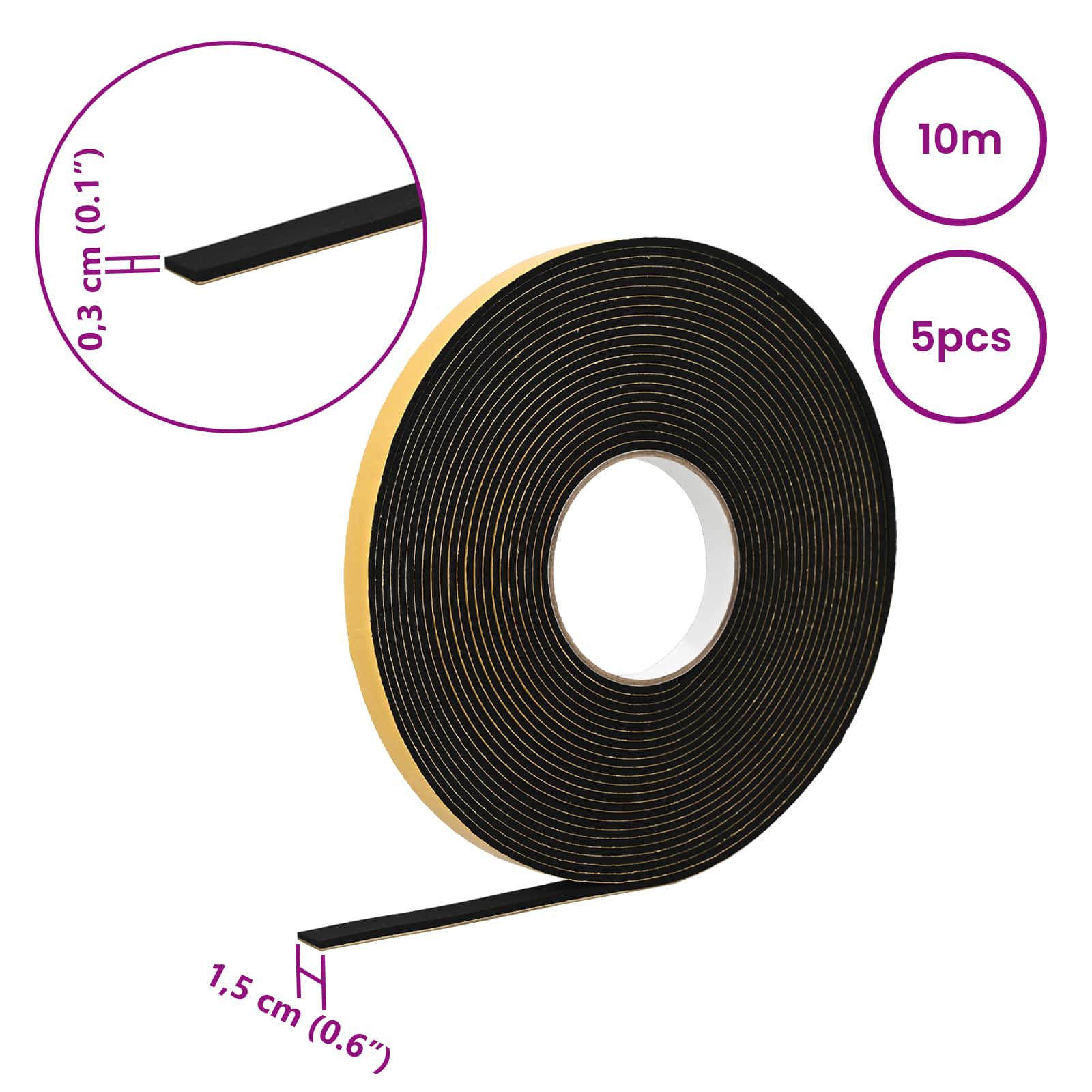 Itsekiinnittyvä Vaahtoteippi 5 Pcs Musta 15Mm X 10M Cr-Vahto