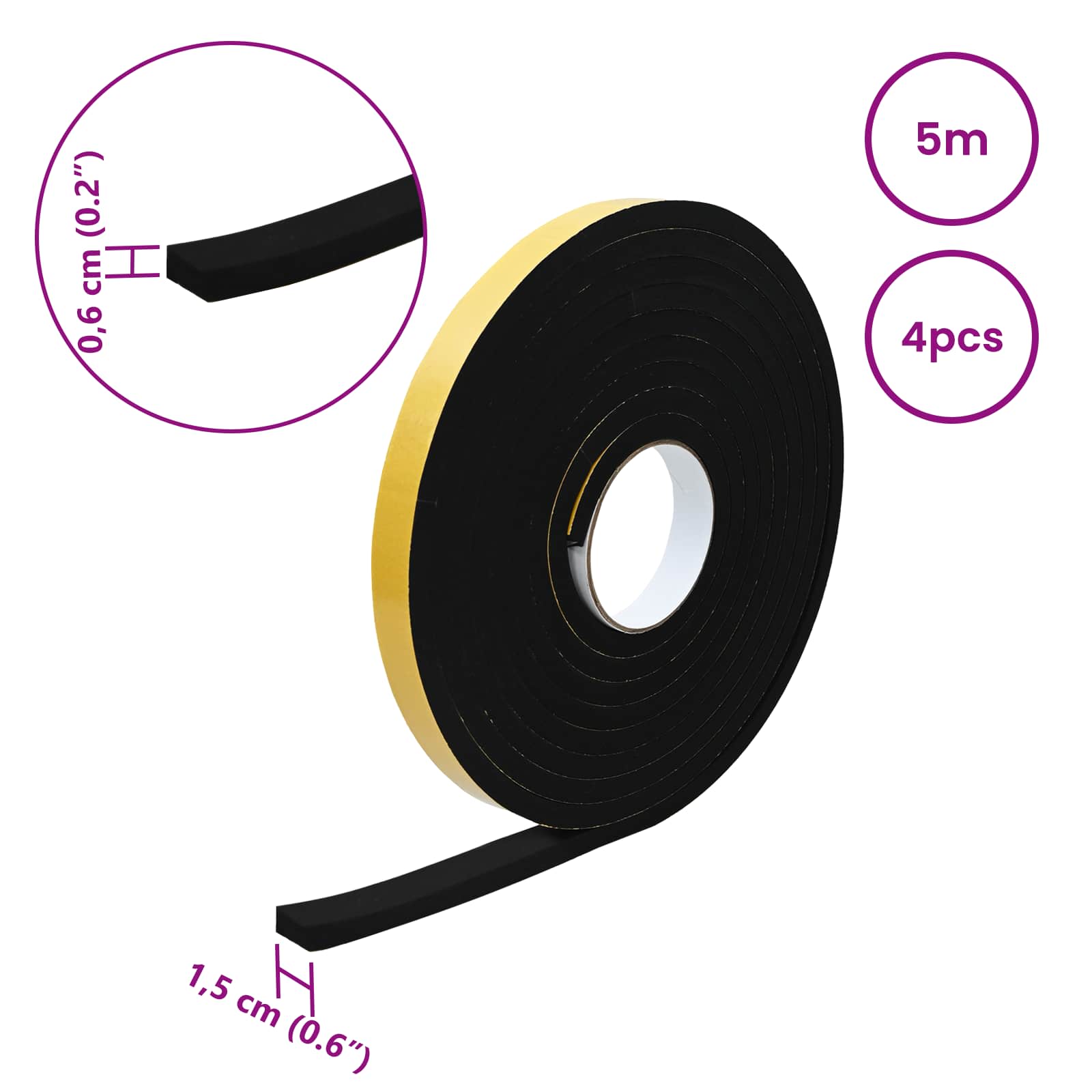 Itsekiinnittyvä Vaahtoteippi 4 Pcs Musta 15Mm X 5M Cr-Vahto