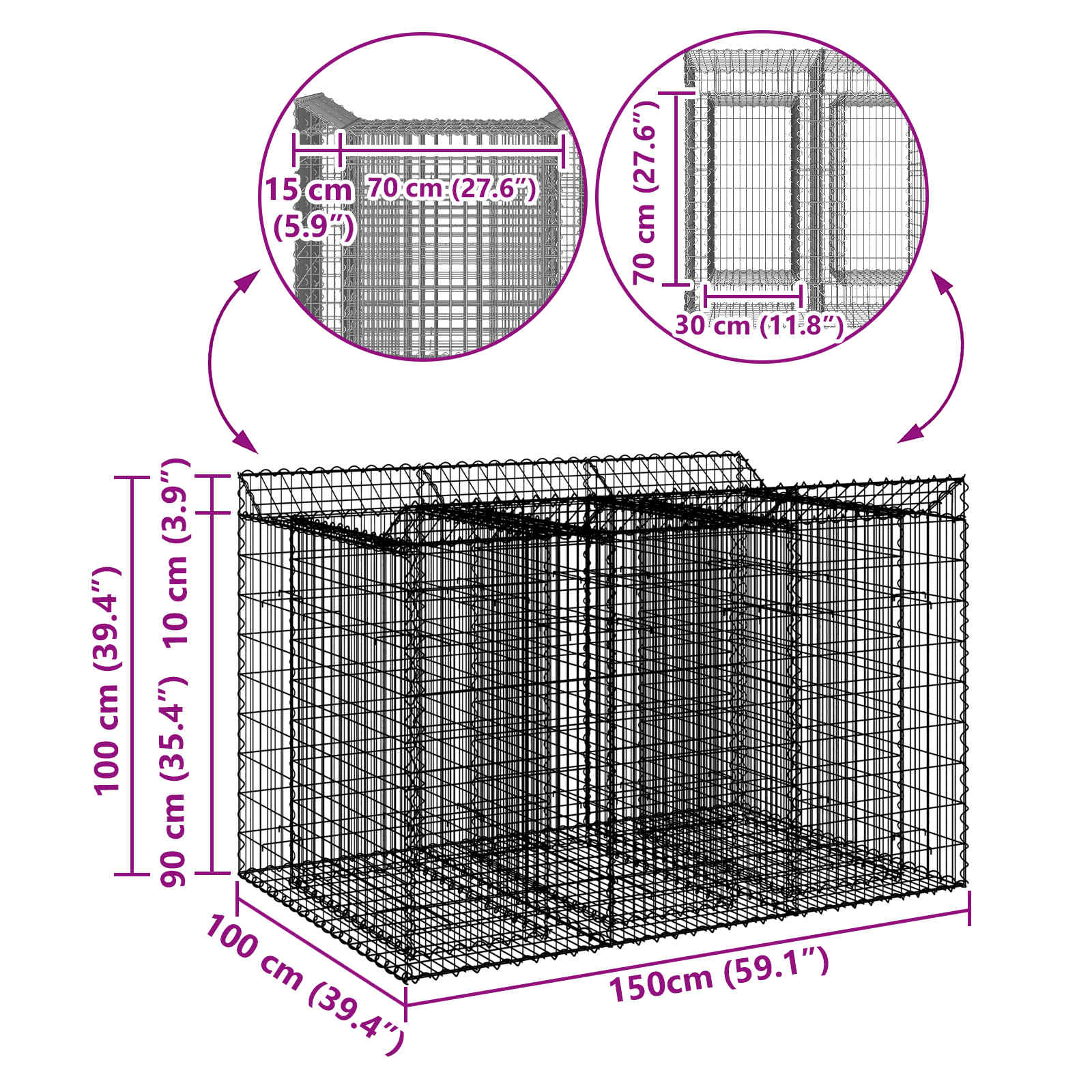 Gabion Kohotettu Peti 2 Pcs Hopea