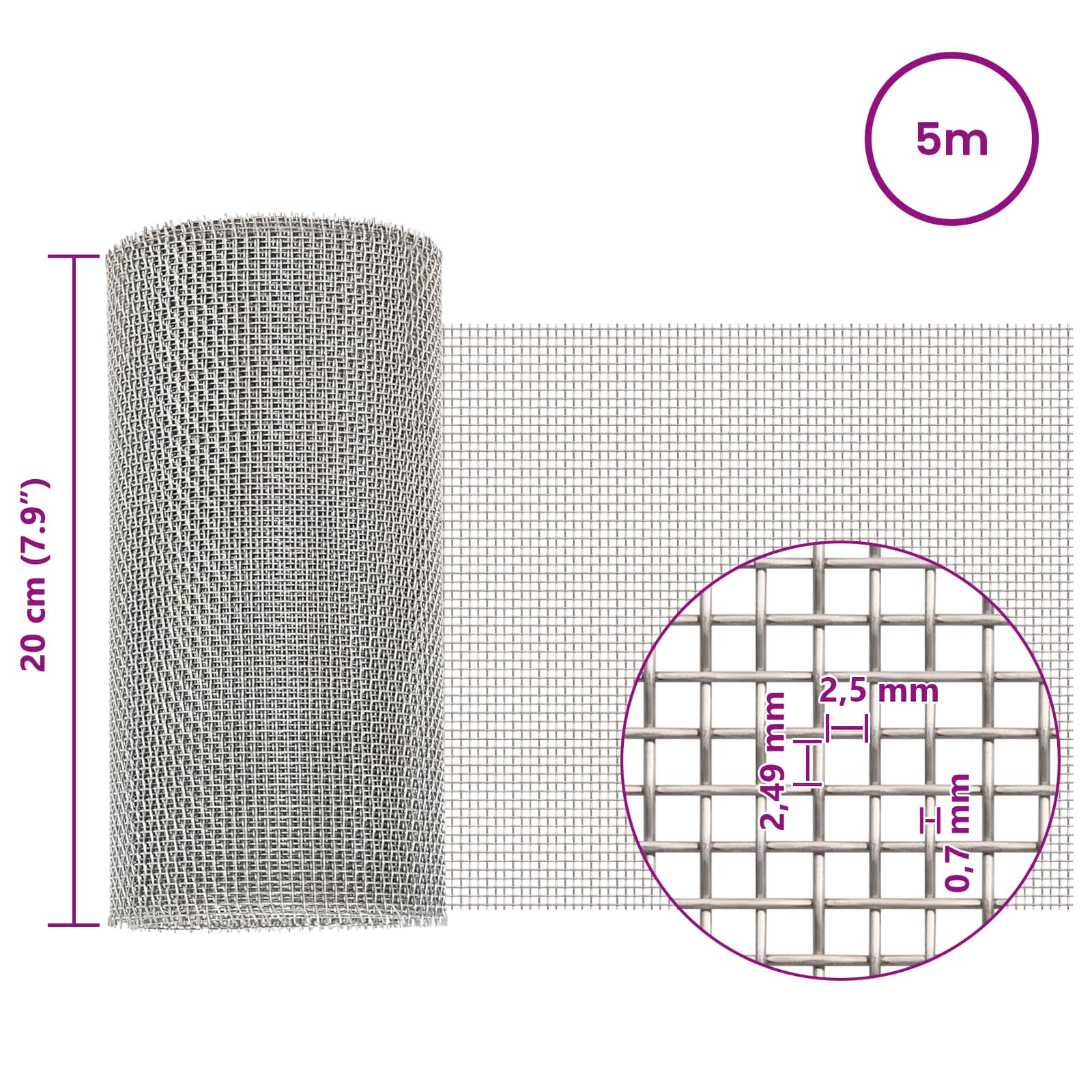 Verkkoruudun 20 X 500 Cm 8 Mesh Ruostumaton Teräs 201 Hopea