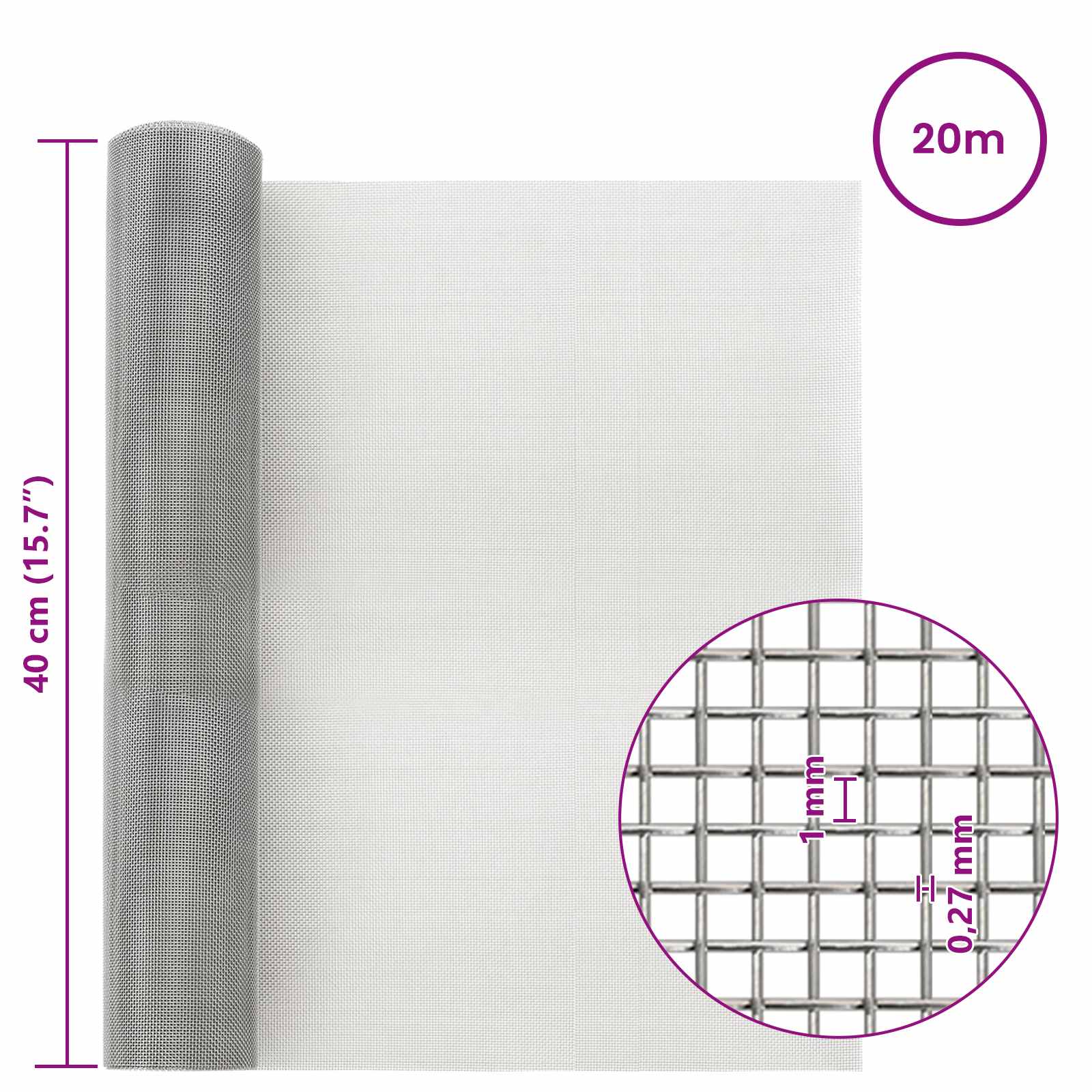 Verkkoruudun 40 X 2000 Cm 20 Mesh Ruostumaton Teräs 201 Hopea
